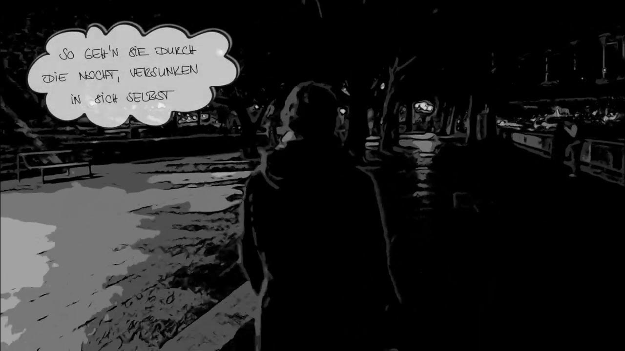 Embedded video: comic filter; Tabea from the back walking in the darkness through a tree avenue, a white cloud in the left upper corner with the lyrics: "So geh